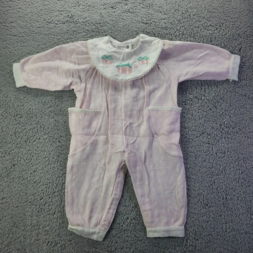 Baby Dior Vintage Pink Striped Embroidered Romper 9 Months Made in USA
